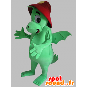 Grøn drage maskot med rød hjelm - Spotsound maskot kostume