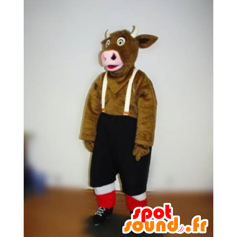 Mascotte de vache marron avec un short à bretelles - MASFR031804 - Mascottes Vache