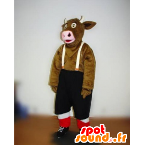 Braune Kuh-Maskottchen mit Trägerhose - MASFR031804 - Maskottchen Kuh