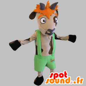 Mascotte de vache marron et beige avec un short à bretelles - MASFR031810 - Mascottes Vache