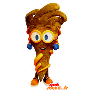 Cone mascot brown fries with glasses - MASFR031811 - Fast food mascots
