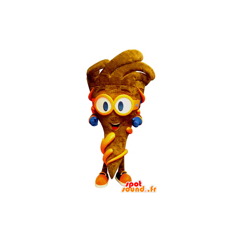 Cone mascot brown fries with glasses - MASFR031811 - Fast food mascots