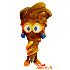 Cone mascot brown fries with glasses - MASFR031811 - Fast food mascots