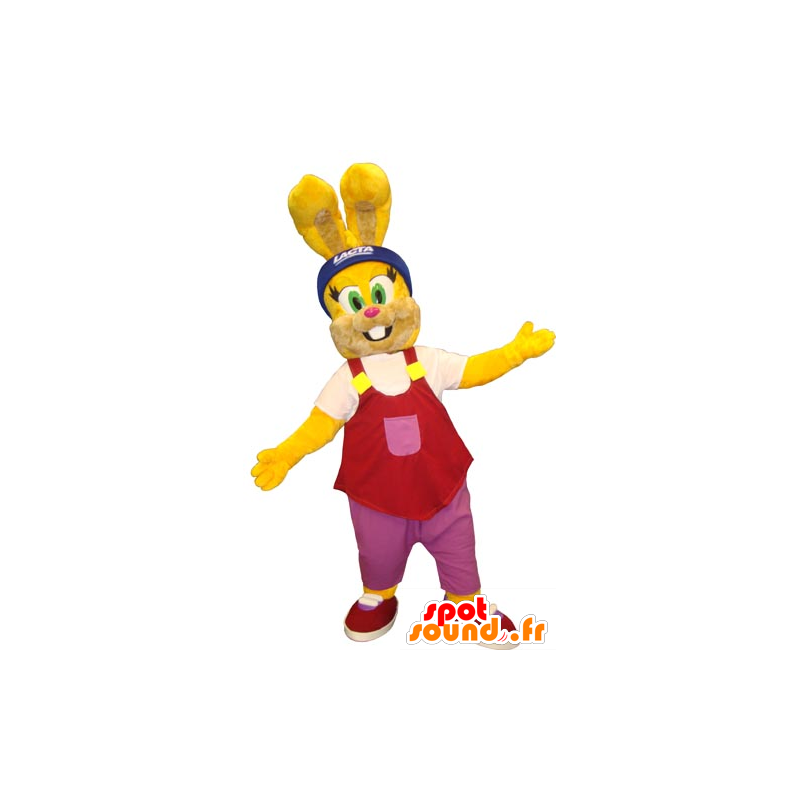 Mascota del conejo de color amarillo con una camiseta sin mangas de color rojo - MASFR031814 - Mascota de conejo