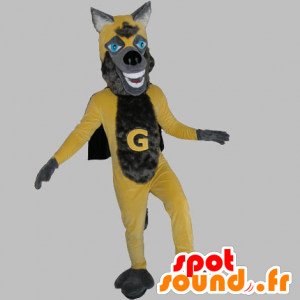 Mascot lobo amarelo e cinza com uma capa - MASFR031816 - lobo Mascotes