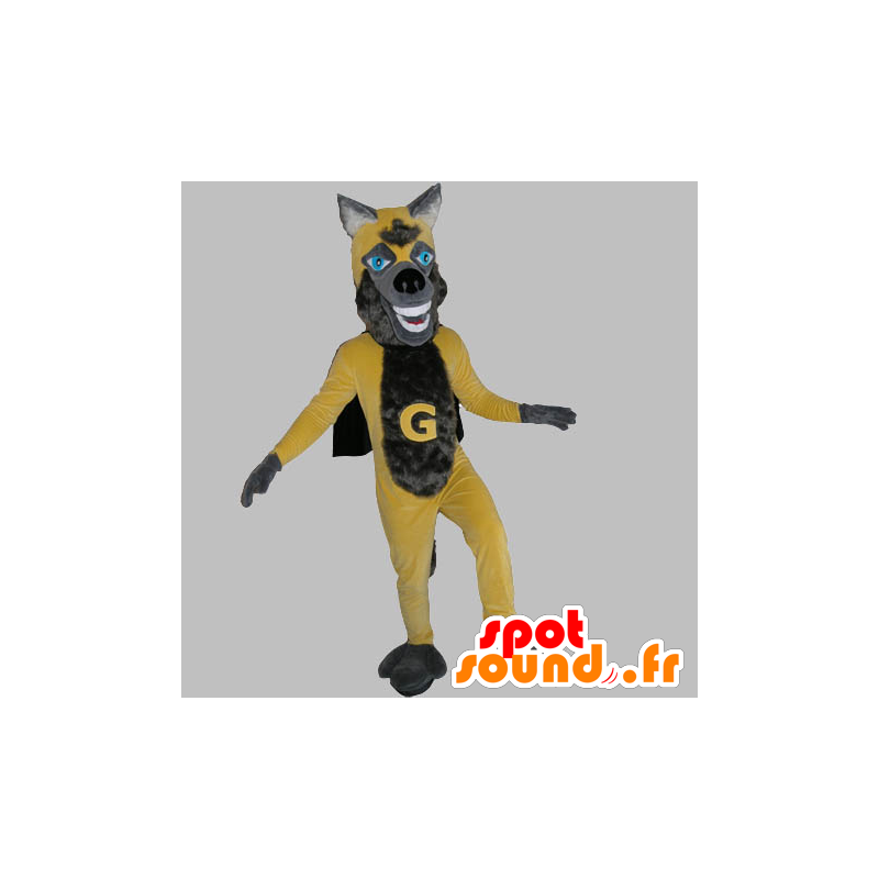 Mascot lobo amarelo e cinza com uma capa - MASFR031816 - lobo Mascotes