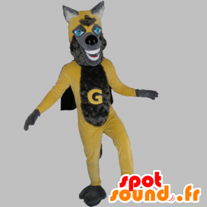 Mascot lupo giallo e grigio, con un mantello - MASFR031816 - Mascotte lupo
