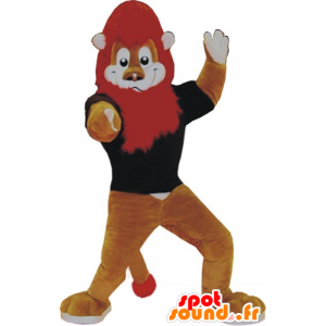 Mascotte de lion marron et blanc, avec la crinière rouge - MASFR031824 - Mascottes Lion