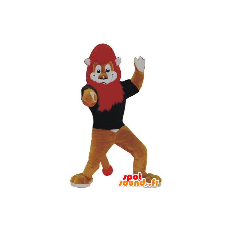Ruskea ja valkoinen leijona maskotti punaisella harja - MASFR031824 - Lion Maskotteja