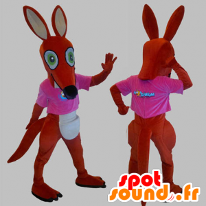 Rosso e bianco mascotte canguro con una camicia rosa - MASFR031831 - Mascotte di canguro