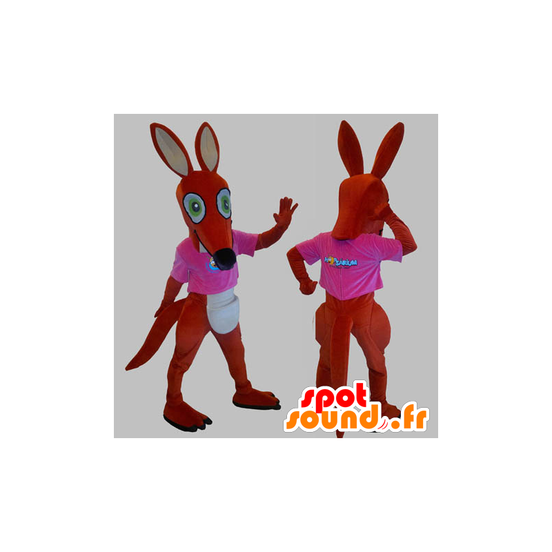 Red and white kangaroo mascot with a pink shirt - MASFR031831 - Kangaroo mascots