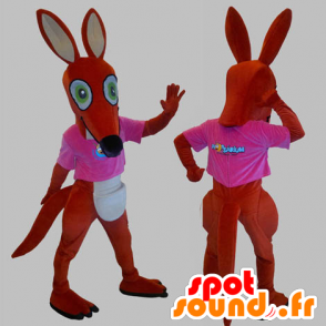 Rode en witte kangoeroe mascotte met een roze overhemd - MASFR031831 - Kangaroo mascottes