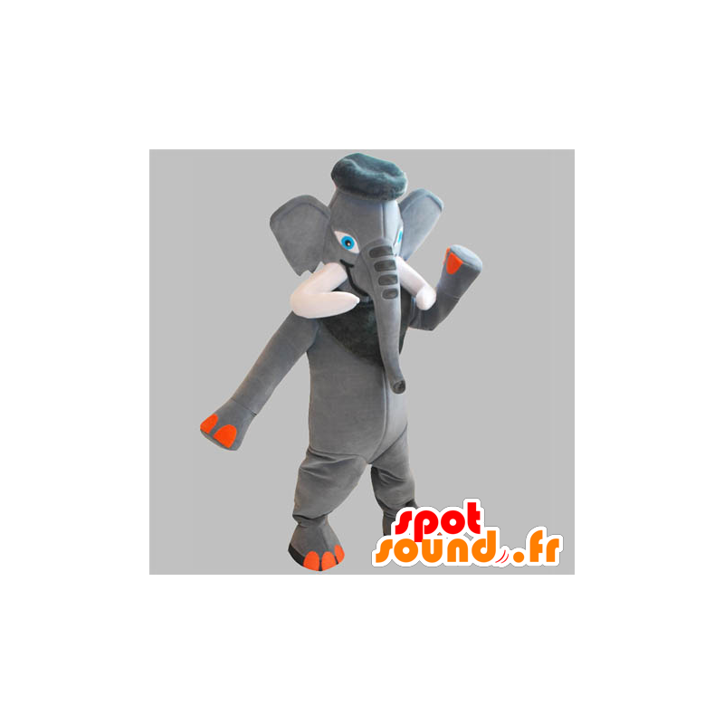 Grijs en oranje mascotte olifant met grote slagtanden - MASFR031832 - Elephant Mascot