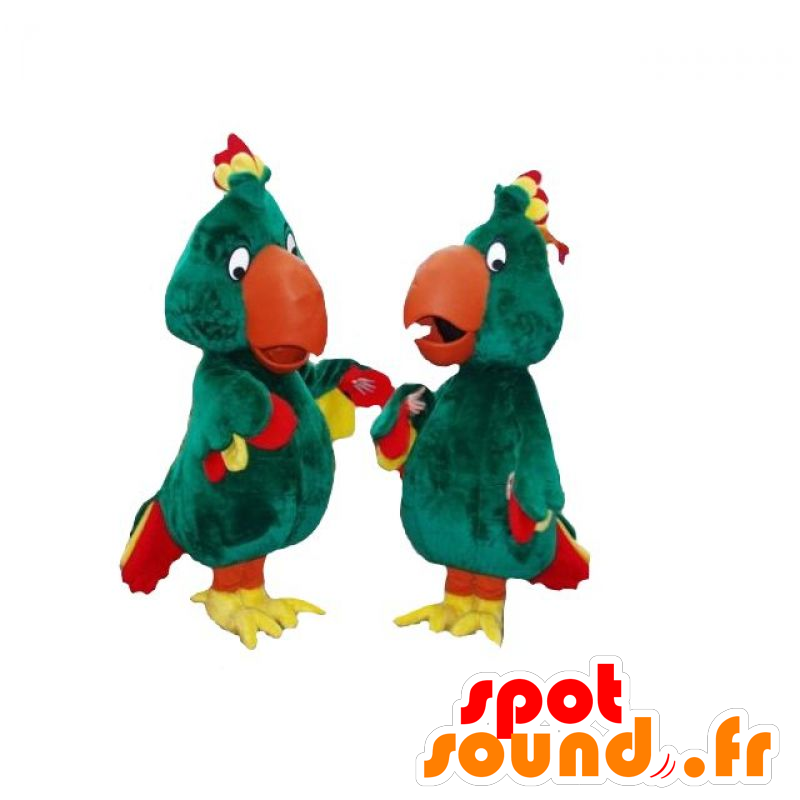 2 Maskottchen von grünen Papageien, gelb und rot - MASFR031839 - Maskottchen der Papageien