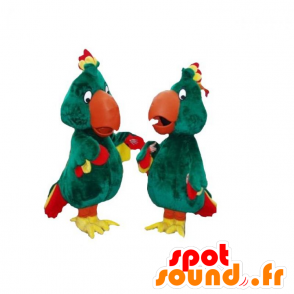 2 mascottes groene papegaaien, geel en rood - MASFR031839 - mascottes papegaaien