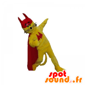 Gele kat mascotte met een cape en een rode dop - MASFR031845 - Cat Mascottes