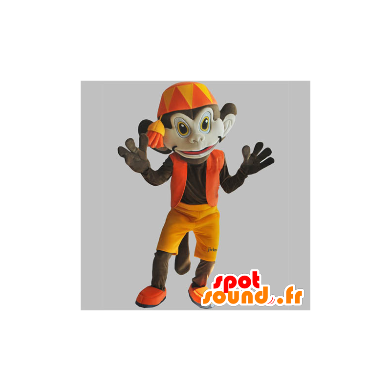 Brun abemaskot med orange tøj. Abu maskot - Spotsound maskot