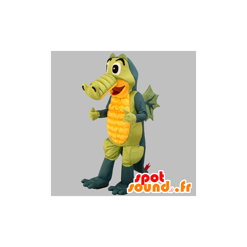 Mascotte coccodrillo grigio, verde e giallo. drago mascotte - MASFR031860 - Mascotte coccodrillo
