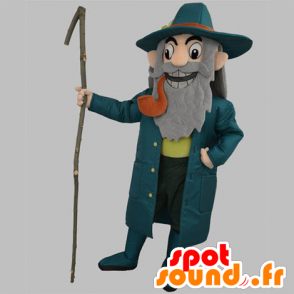 Mascotte de vieil homme, de capitaine, vêtu de bleu avec une pipe - MASFR031863 - Mascottes Homme