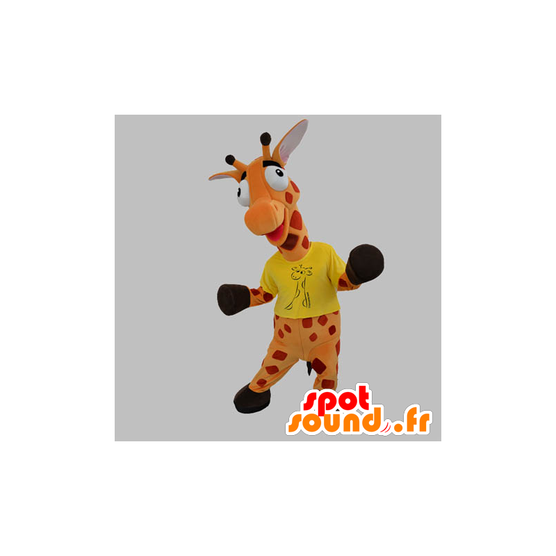 Orange giraffe mascot and red giant - MASFR031865 - Giraffe mascots