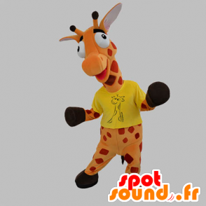 Orange giraffe mascot and red giant - MASFR031865 - Giraffe mascots