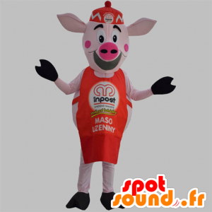 Mascota del cerdo rosado con un delantal rojo y un sombrero - MASFR031870 - Las mascotas del cerdo