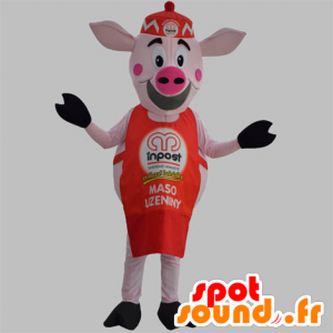 Mascote porco cor de rosa com um avental vermelho e um gorro - MASFR031870 - mascotes porco