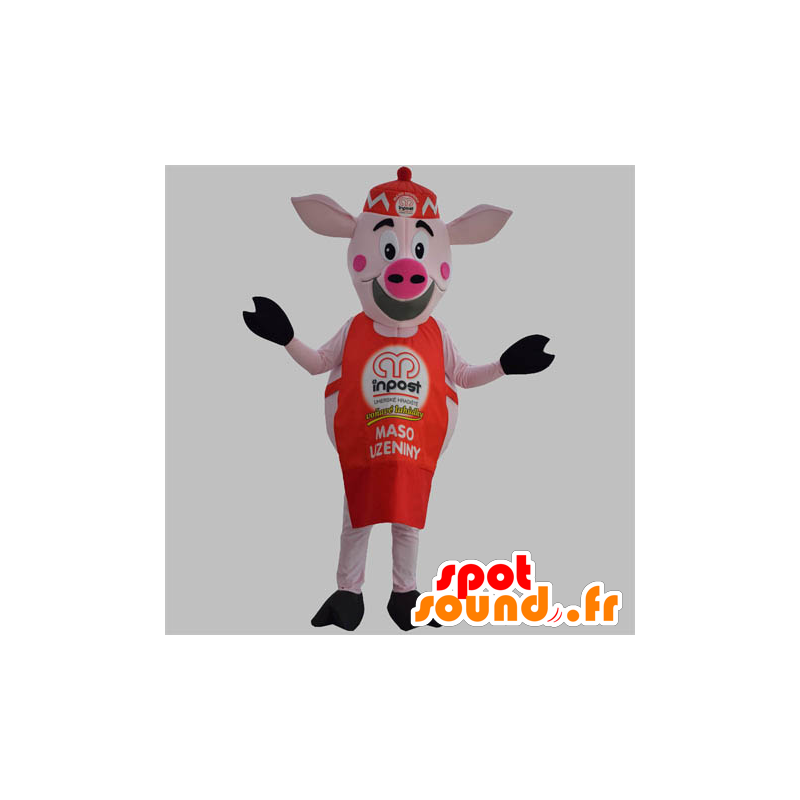Mascota del cerdo rosado con un delantal rojo y un sombrero - MASFR031870 - Las mascotas del cerdo
