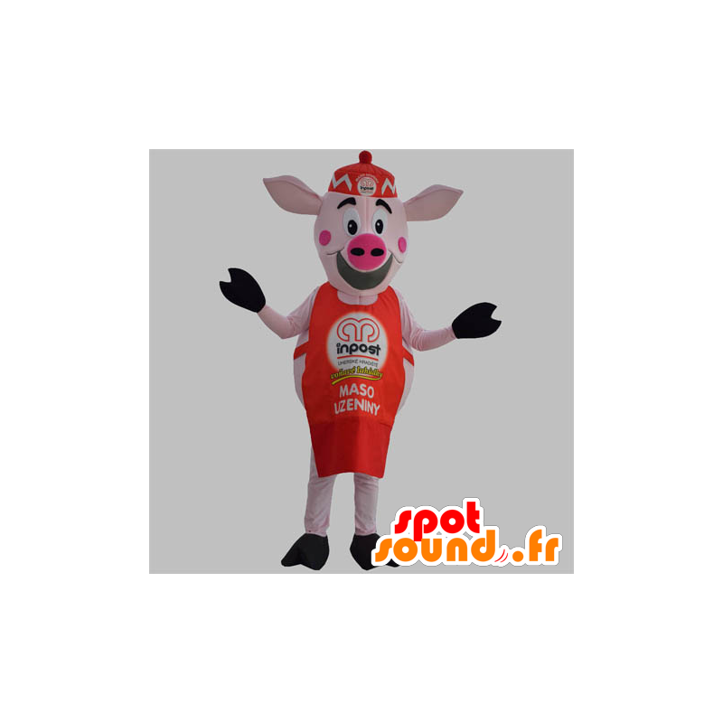 Roze varken mascotte met een rode schort en een muts - MASFR031870 - Pig Mascottes