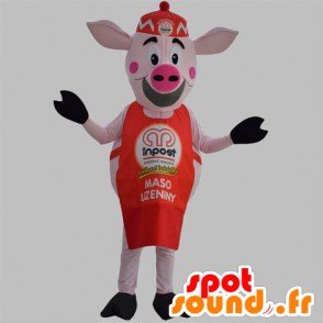 Mascotte maiale rosa con un grembiule rosso e un cofano - MASFR031870 - Maiale mascotte