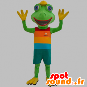 Groene kikker mascotte gekleed in een kleurrijke outfit - MASFR031879 - Kikker Mascot