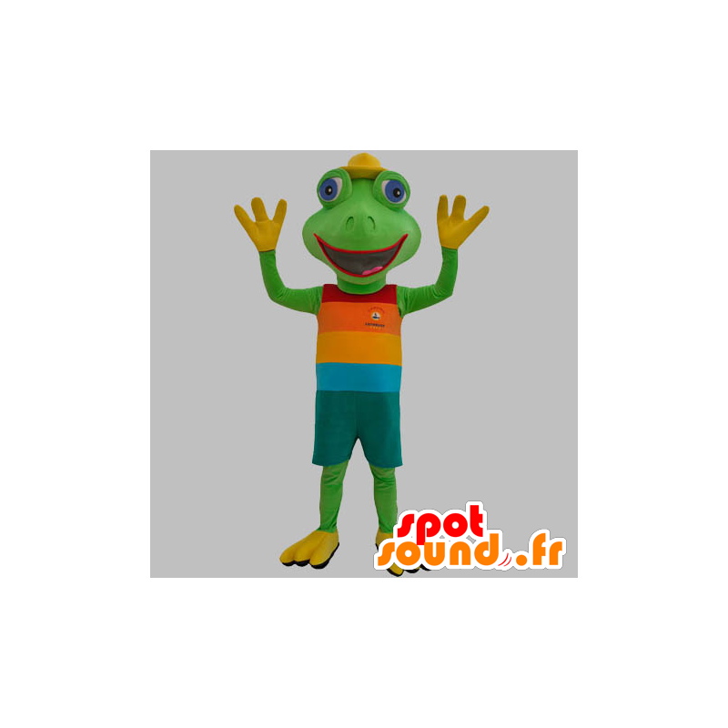 Grøn frø maskot klædt i et farverigt tøj - Spotsound maskot