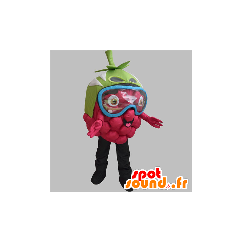La mascota de frambuesa gigante, con una máscara sobre los ojos - MASFR031886 - Mascota de la fruta