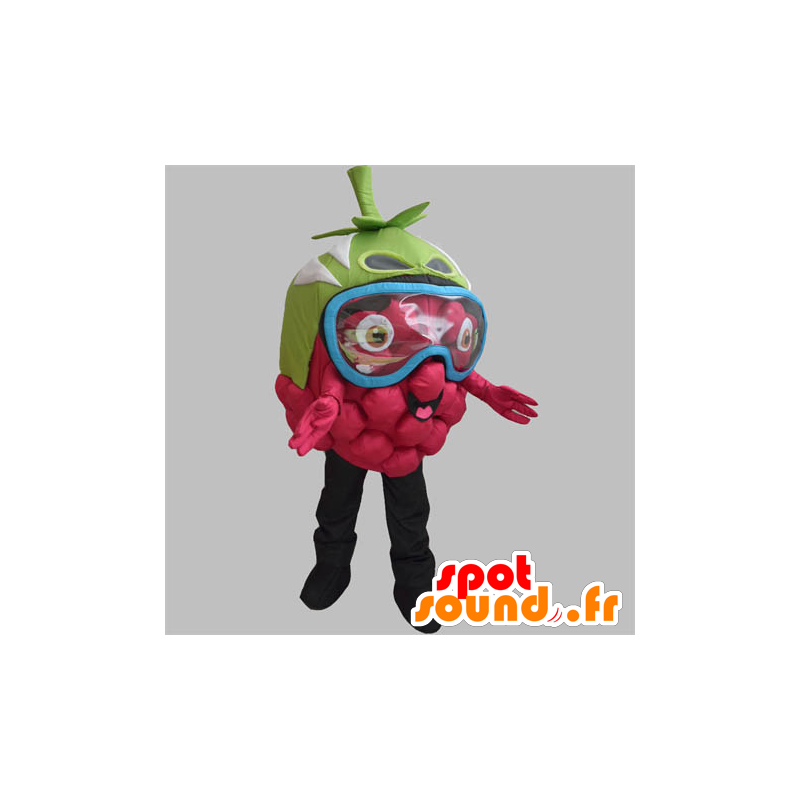 Mascotte de framboise géante, avec un masque sur les yeux - MASFR031886 - Mascotte de fruits