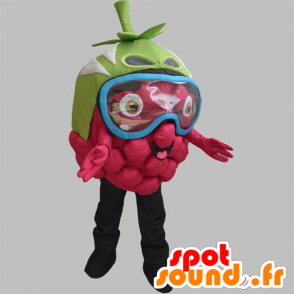 La mascota de frambuesa gigante, con una máscara sobre los ojos - MASFR031886 - Mascota de la fruta