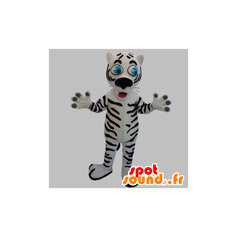 Mascot schwarzen und weißen Tiger mit blauen Augen - MASFR031889 - Tiger Maskottchen