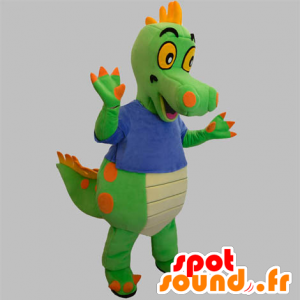 Grün und orange Dinosaurier-Maskottchen mit einem blauen Hemd - MASFR031890 - Maskottchen-Dinosaurier