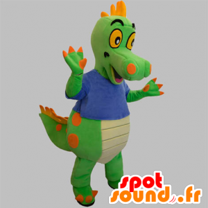 Zielony i pomarańczowy dinozaur maskotka z niebieskiej koszuli - MASFR031890 - dinozaur Mascot
