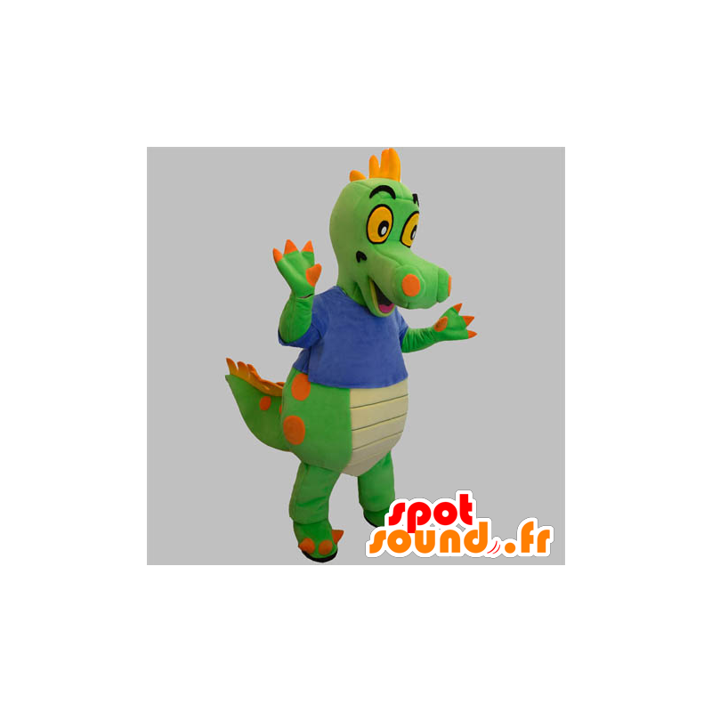 Mascotte de dinosaure vert et orange avec un t-shirt bleu - MASFR031890 - Mascottes Dinosaure