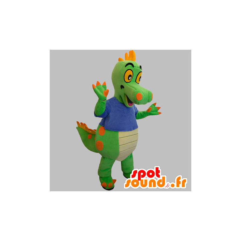 Mascote dinossauro verde e laranja com uma camisa azul - MASFR031890 - Mascot Dinosaur