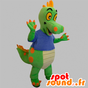 Grün und orange Dinosaurier-Maskottchen mit einem blauen Hemd - MASFR031890 - Maskottchen-Dinosaurier