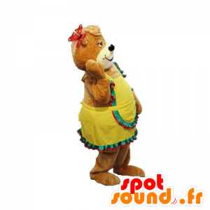 Mascotte de nounours marron avec une robe jaune - MASFR031899 - Mascotte d'ours