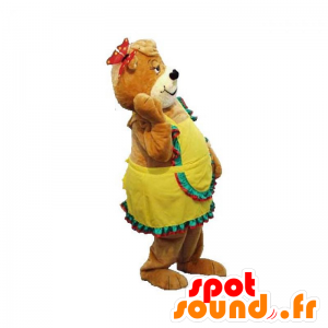 Brun bamse maskot med en gul kjole - Spotsound maskot kostume