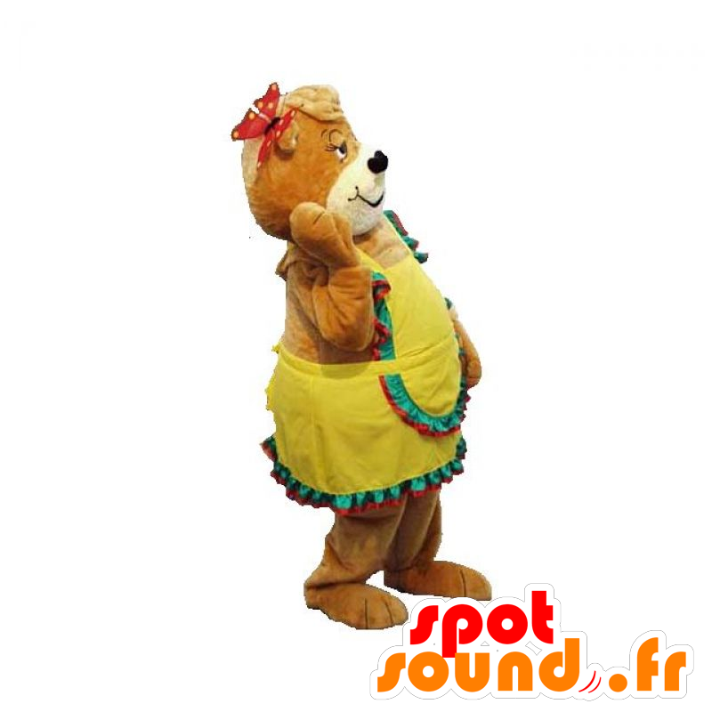 Brun bamse maskot med en gul kjole - Spotsound maskot kostume