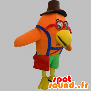 Oranje vogel mascotte met een bril en een hoed - MASFR031902 - Mascot vogels