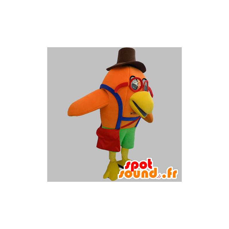 Mascota de ave de color naranja con gafas y un sombrero - MASFR031902 - Mascota de aves