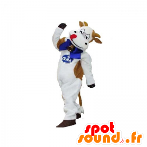 Maskot hvid og brun ko med en klokke - Spotsound maskot kostume