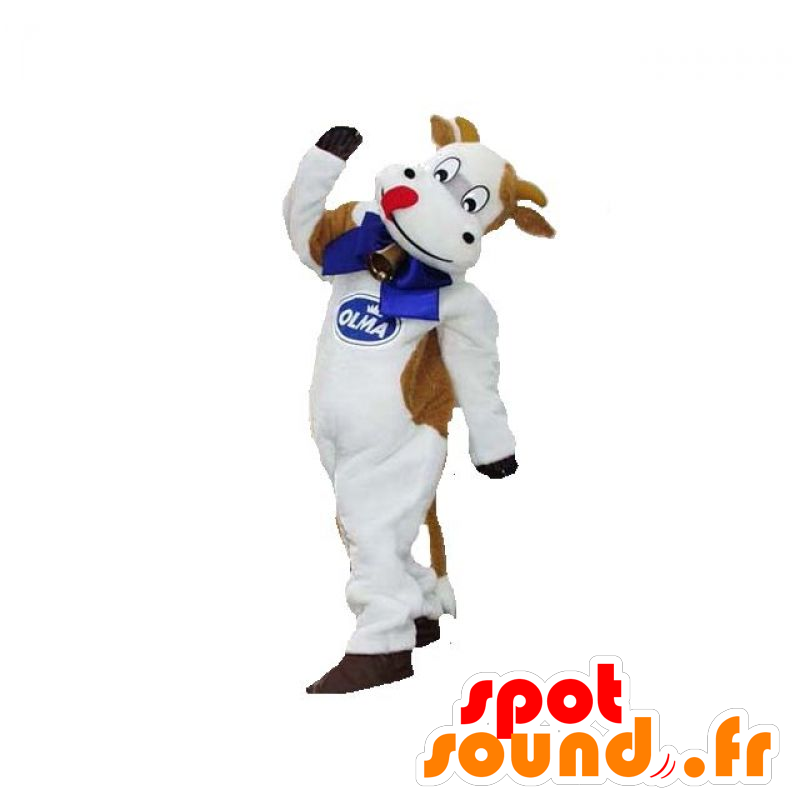 Witte en bruine koe mascotte met een bel - MASFR031903 - koe Mascottes