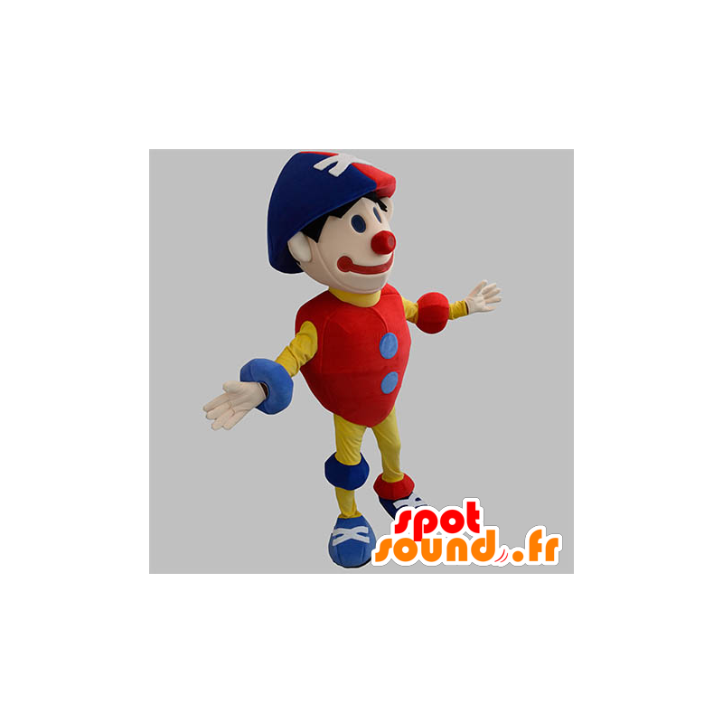 Clown maskot, farverig snemand, rød, blå og gul - Spotsound