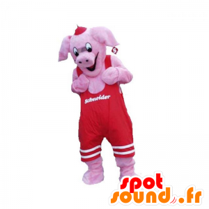 Różowy świnia maskotka z czerwonym kombinezonie - MASFR031919 - Maskotki świnia